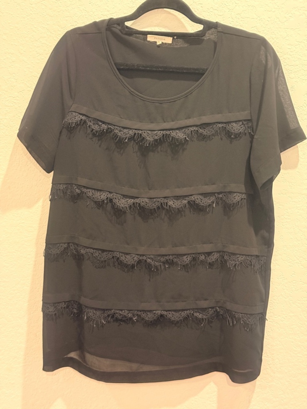 Pleione Black‎ Short Sleeve Lace-Trim Blouse
